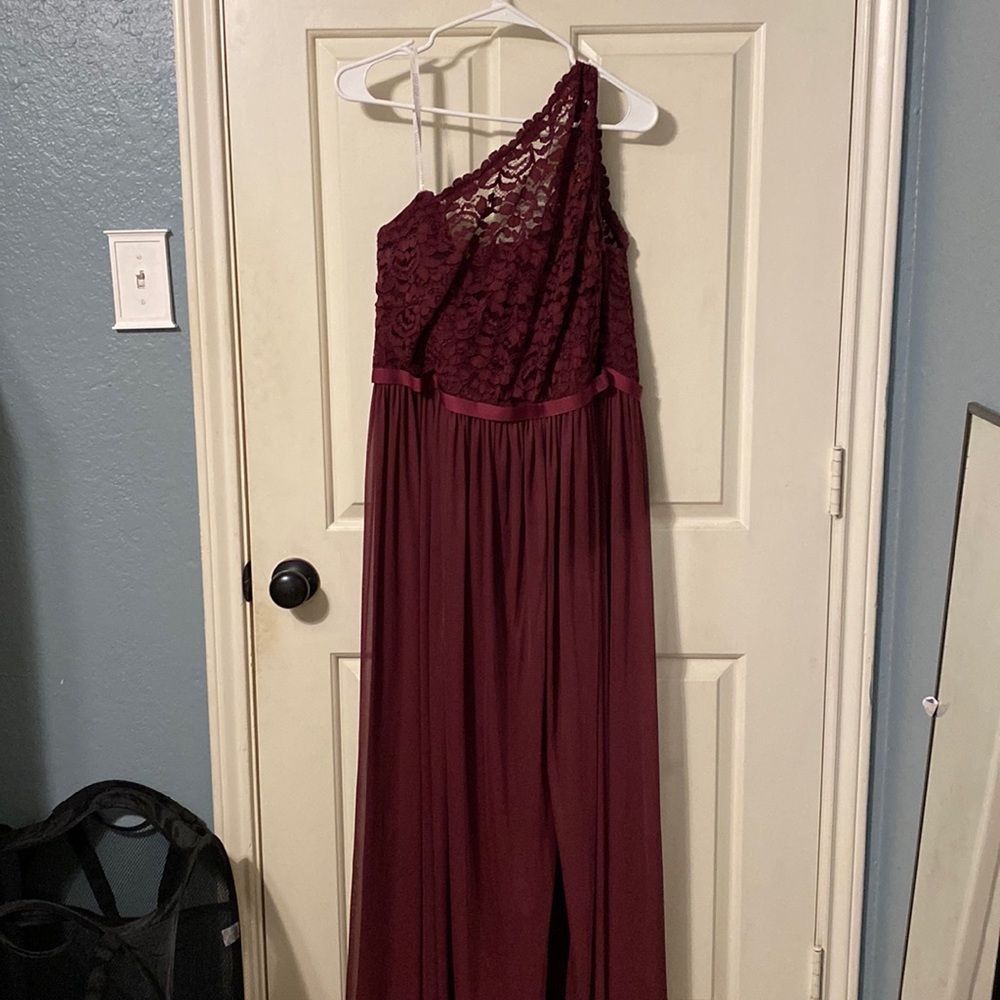 Burgundy David’s Bridal One Shoulder dress